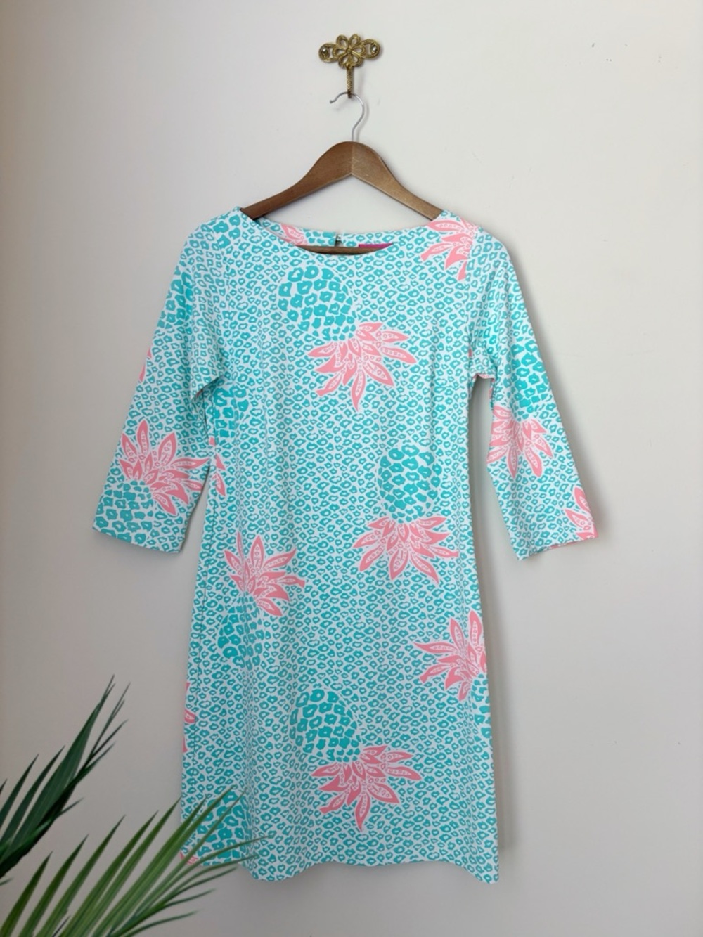 Britt Ryan Aqua Pineapple Print Shift Dress XS Summer Resortwear